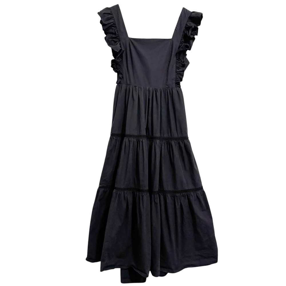 Mabel Black Tiered Ruffle Sleeve Tie Back Midi Dress Medium
